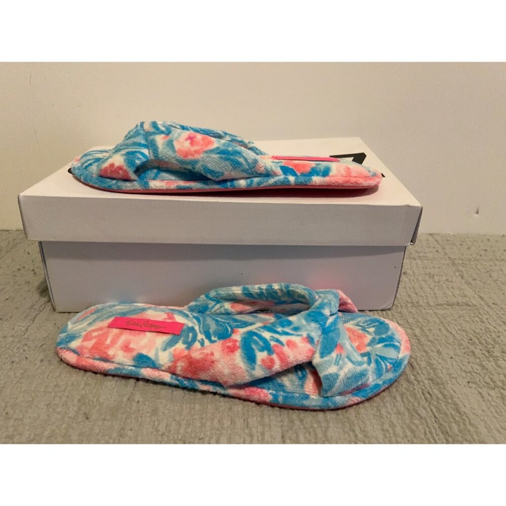 Lilly Pulitzer Plush Slippers Womens Size 7/8 Blue Pink Floral Bow House Sandals - Picture 8 of 8